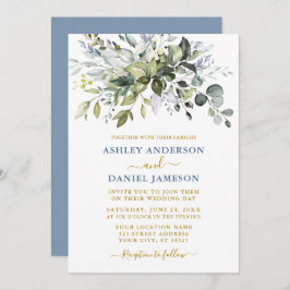 Waterverf Greenery Dusty Blue Gold Wedding Kaart