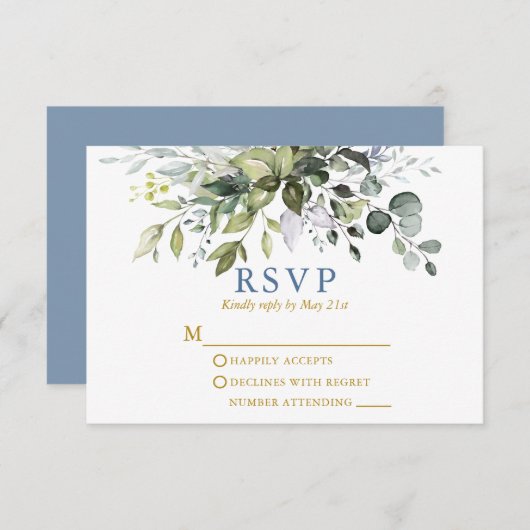 Waterverf Greenery Dusty Blue Gold Wedding RSVP Kaartje (Voorkant / Achterkant)