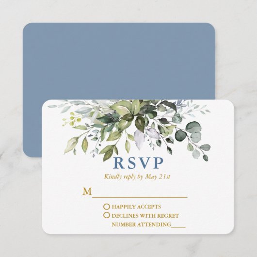 Waterverf Greenery Dusty Blue Gold Wedding RSVP Kaartje (Voorkant / Achterkant)