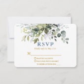 Waterverf Greenery Dusty Blue Gold Wedding RSVP Kaartje (Voorkant)