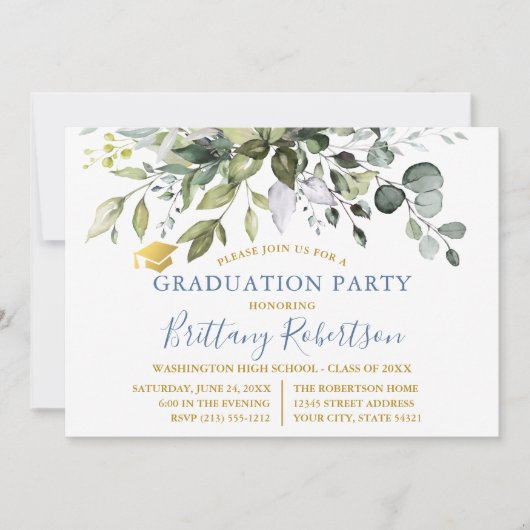 Waterverf Greenery Dusty Blue Graduation Party Kaart