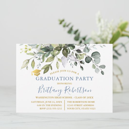 Waterverf Greenery Dusty Blue Graduation Party Kaart (Staand voorkant)
