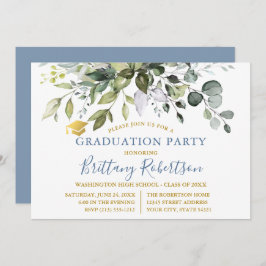 Waterverf Greenery Dusty Blue Graduation Party Kaart