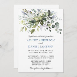 Waterverf Greenery Dusty Blue Photo Wedding Kaart