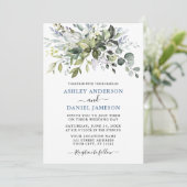 Waterverf Greenery Dusty Blue Photo Wedding Kaart (Staand voorkant)