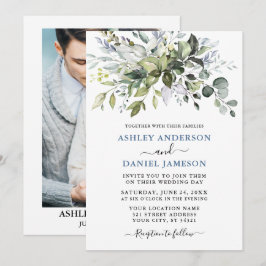 Waterverf Greenery Dusty Blue Photo Wedding Kaart