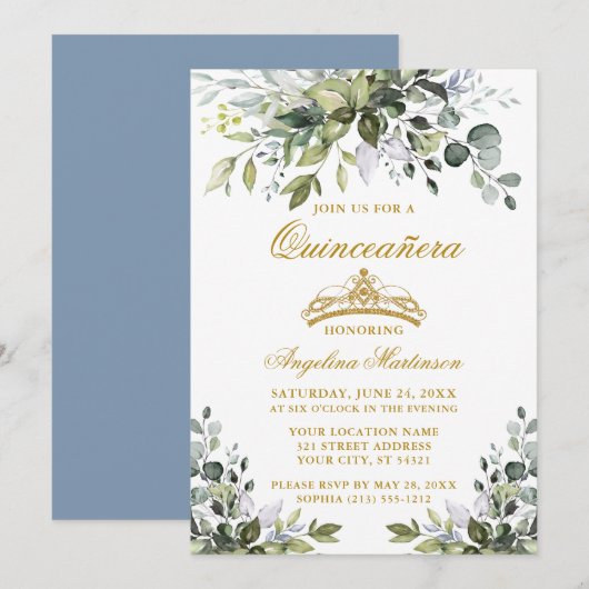 Waterverf Greenery Dusty Blue Quinceañera Gold Kaart (Voorkant / Achterkant)