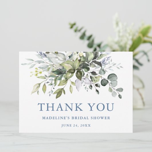 Waterverf Greenery Dusty Blue Vrijgezellenfeest Bedankkaart (Staand voorkant)