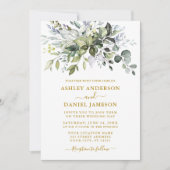 Waterverf Greenery Dusty Blue Wedding Gold Kaart (Voorkant)