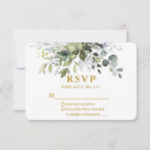 Waterverf Greenery Dusty Blue Wedding Gold RSVP Kaartje (Voorkant)
