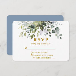 Waterverf Greenery Dusty Blue Wedding Gold RSVP Kaartje