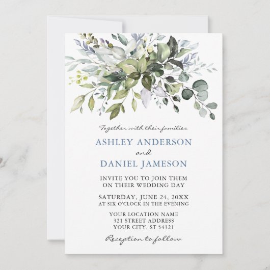 Waterverf Greenery Dusty Blue Wedding Kaart (Voorkant)