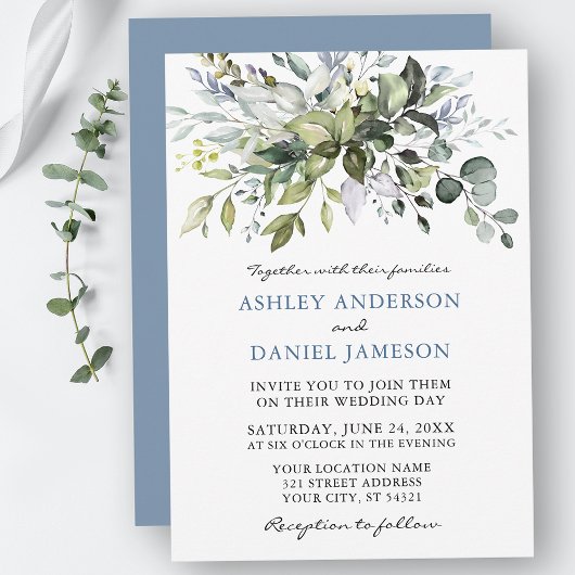 Waterverf Greenery Dusty Blue Wedding Kaart