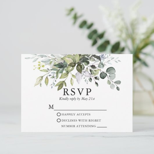 Waterverf Greenery Dusty Blue Wedding RSVP Kaartje (Staand voorkant)