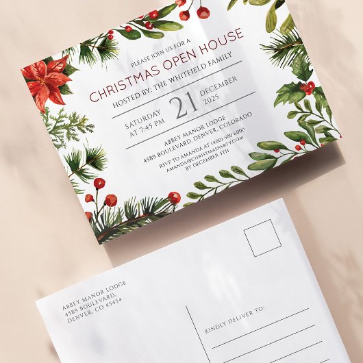 Waterverf Greenery en Berries Holiday Open House Uitnodiging Briefkaart