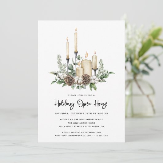 Waterverf Greenery en Candles Holiday Open House (Staand voorkant)