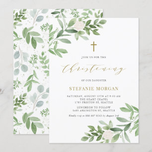 Waterverf Greenery en Flowers Christening Kaart