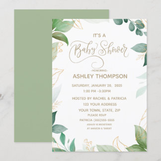 Waterverf Greenery en Gold Baby shower Kaart
