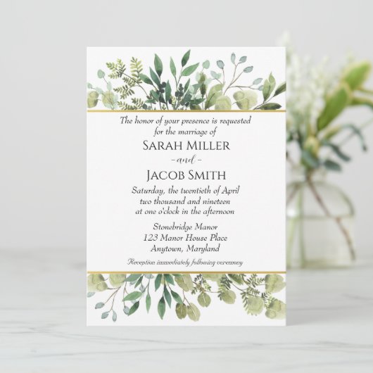 Waterverf Greenery en Gold Botanical Wedding Kaart (Staand voorkant)
