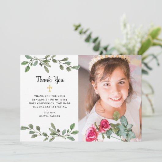 Waterverf Greenery en Gold Photo First Commune Bedankkaart (Staand voorkant)