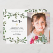 Waterverf Greenery en Gold Photo First Commune Bedankkaart (Voorkant / Achterkant)