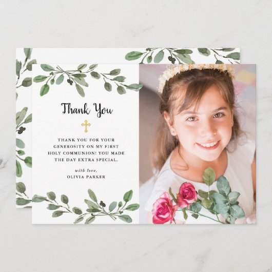 Waterverf Greenery en Gold Photo First Commune Bedankkaart (Voorkant / Achterkant)