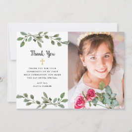 Waterverf Greenery en Gold Photo First Commune Bedankkaart