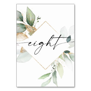 Waterverf Greenery en Gold Table Numbers Acht Kaart