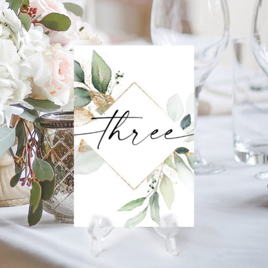 Waterverf Greenery en Gold Table Numbers Drie Kaart