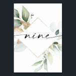 Waterverf Greenery en Gold Table Numbers Nine Kaart<br><div class="desc">Dit ontwerp van het lijstaantal kenmerkt een elegante regeling van eucalyptusgroenery en een minimale manuscriptdoopvont. Klik de "Klik om verder"knoop aan te passen om de kleur van de manuscriptformulering en de achtergrondkleur uit te geven. Bekijk het hele collectie voor meer overeenkomende objecten!</div>