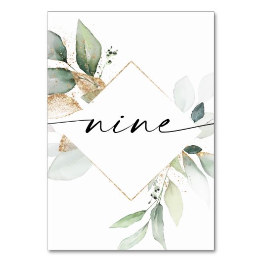 Waterverf Greenery en Gold Table Numbers Nine Kaart (Achterkant)