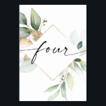 Waterverf Greenery en Gold Table Numbers Vier Kaart<br><div class="desc">Dit ontwerp van het lijstaantal kenmerkt een elegante regeling van eucalyptusgroenery en een minimale manuscriptdoopvont. Klik de "Klik om verder"knoop aan te passen om de kleur van de manuscriptformulering en de achtergrondkleur uit te geven. Bekijk het hele collectie voor meer overeenkomende objecten!</div>