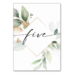 Waterverf Greenery en Gold Table Numbers Vijf Kaart