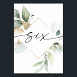 Waterverf Greenery en Gold Table Numbers Zes Kaart<br><div class="desc">Dit ontwerp van het lijstaantal kenmerkt een elegante regeling van eucalyptusgroenery en een minimale manuscriptdoopvont. Klik de "Klik om verder"knoop aan te passen om de kleur van de manuscriptformulering en de achtergrondkleur uit te geven. Bekijk het hele collectie voor meer overeenkomende objecten!</div>