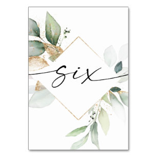 Waterverf Greenery en Gold Table Numbers Zes Kaart