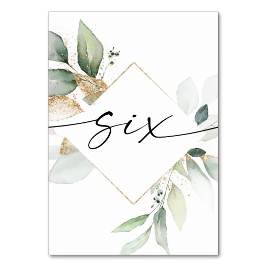 Waterverf Greenery en Gold Table Numbers Zes Kaart (Voorkant)