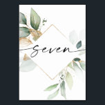 Waterverf Greenery en Gold Table Numbers zeven Kaart<br><div class="desc">Dit ontwerp van het lijstaantal kenmerkt een elegante regeling van eucalyptusgroenery en een minimale manuscriptdoopvont. Klik de "Klik om verder"knoop aan te passen om de kleur van de manuscriptformulering en de achtergrondkleur uit te geven. Bekijk het hele collectie voor meer overeenkomende objecten!</div>