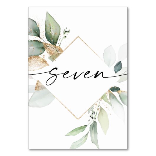 Waterverf Greenery en Gold Table Numbers zeven Kaart (Achterkant)