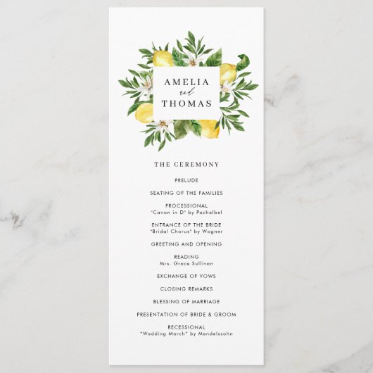 Waterverf Greenery en Lemons Wedding Ceremonie Programmakaart (Voorkant)