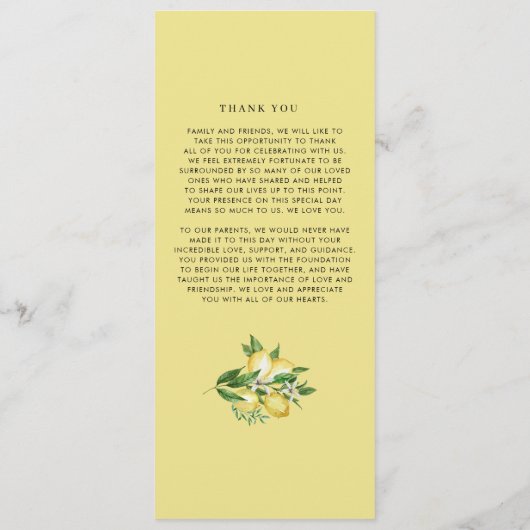 Waterverf Greenery en Lemons Wedding Ceremonie Programmakaart (Achterkant)