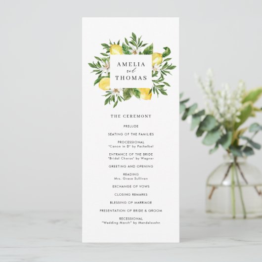 Waterverf Greenery en Lemons Wedding Ceremonie Programmakaart (Staand voorkant)