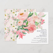 Waterverf Greenery en Roze Floral Birthday Partij  Kaart (Voorkant / Achterkant)