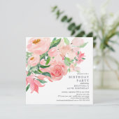 Waterverf Greenery en Roze Floral Birthday Partij  Kaart (Staand voorkant)