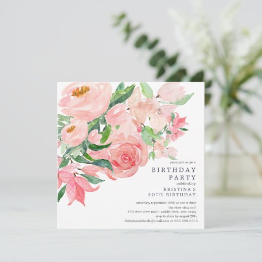 Waterverf Greenery en Roze Floral Birthday Partij  Kaart (Staand voorkant)