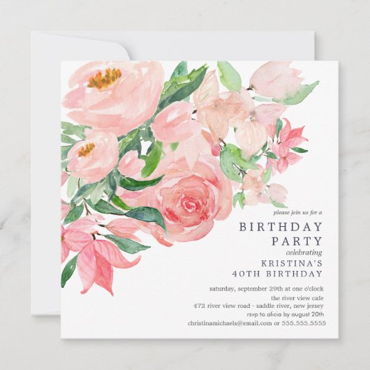 Waterverf Greenery en Roze Floral Birthday Partij  Kaart (Voorkant)
