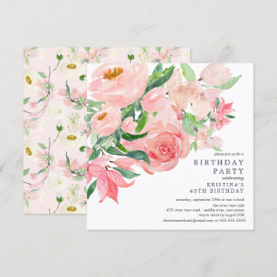 Waterverf Greenery en Roze Floral Birthday Partij  Kaart