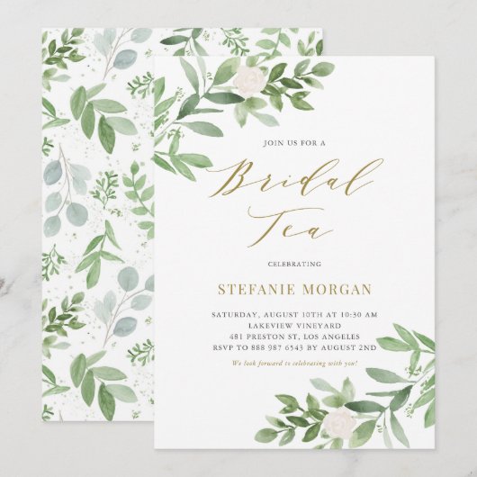 Waterverf Greenery en White Floral Bridal Tea Kaart (Voorkant / Achterkant)