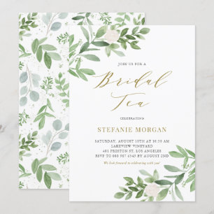 Waterverf Greenery en White Floral Bridal Tea Kaart