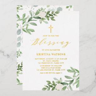 Waterverf Greenery en White Flower Baby Blessing Folie Uitnodiging
