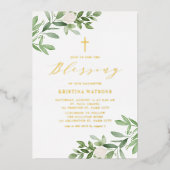 Waterverf Greenery en White Flower Baby Blessing Folie Uitnodiging (Voorkant)